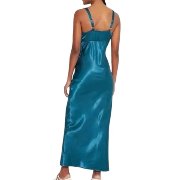 WILD FABLE turquoise satin white lace trim maxi slip dress y2k medium - Picture 3 of 8